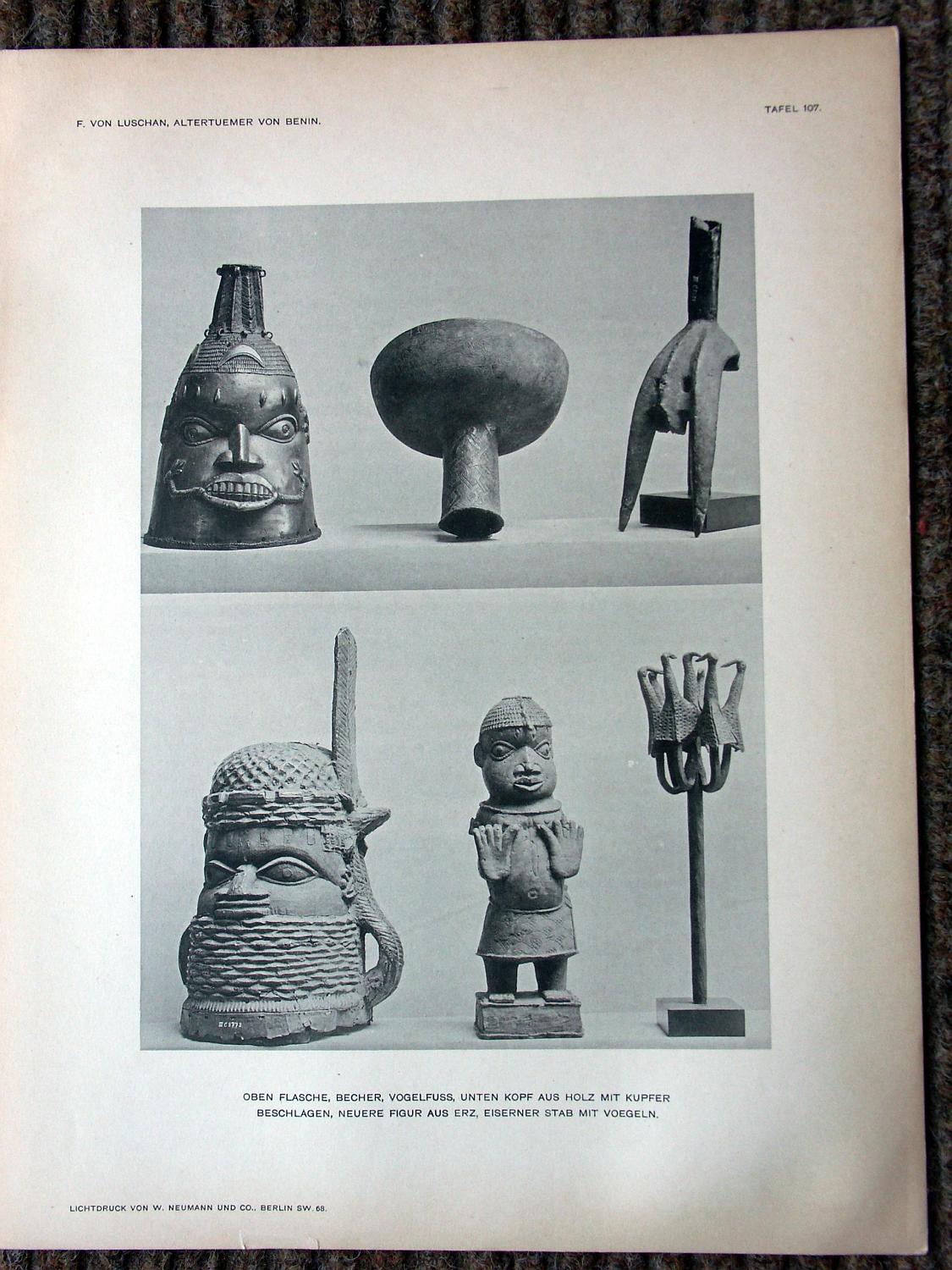 zz-lusc19,tafel 107 benin nigeria,bronze-figur und holz-kopf